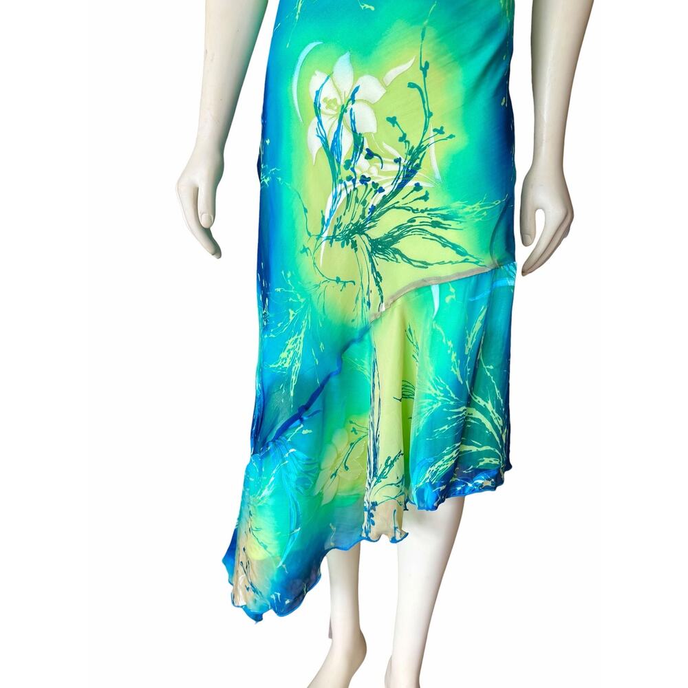 Cache Women's Size 12 Halter Dress Floral Watercolor Asymmetrical Hem Y2K - Picture 4 of 13